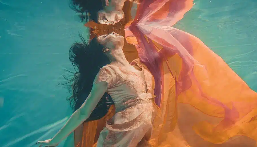 Woman Underwater in Floaty Orange Dress
